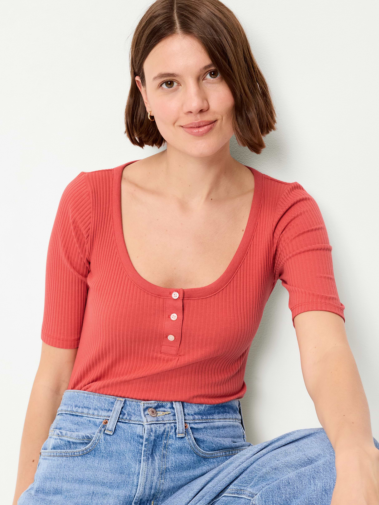 Scoop-Neck Fitted Henley Top - Ginger Cake