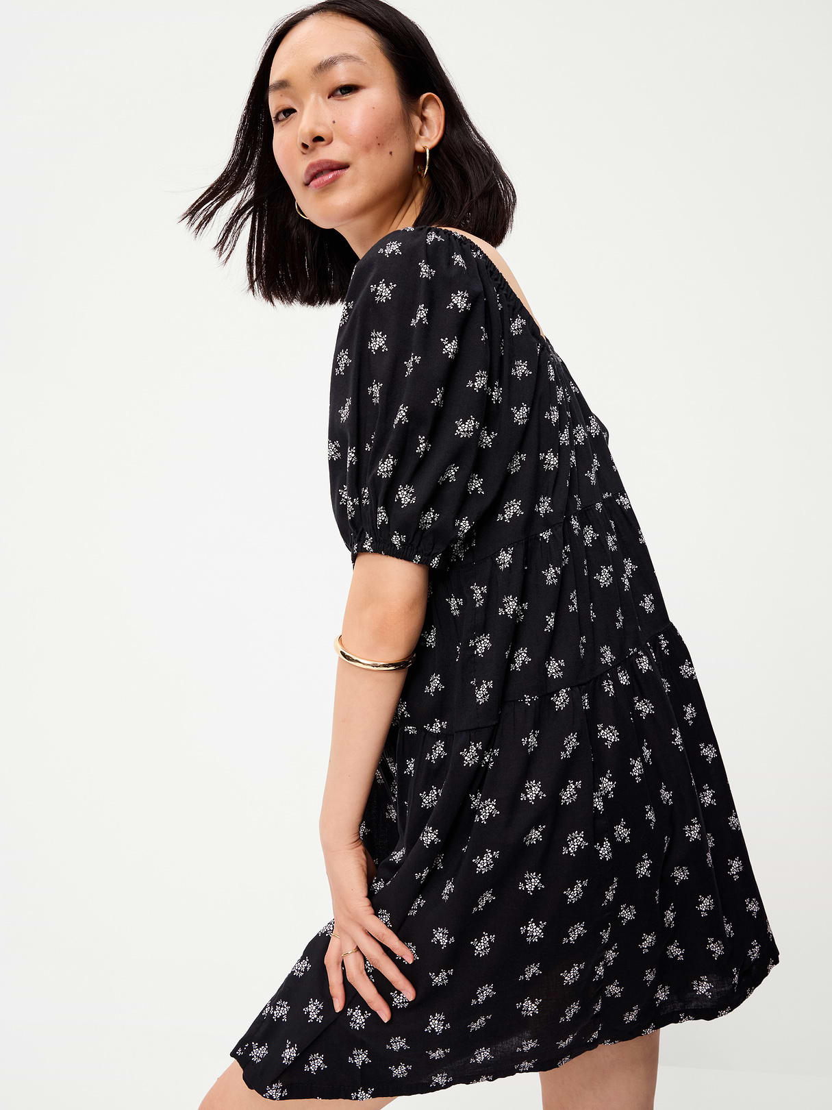 Puff-Sleeve Smocked Mini Swing Dress - Black Floral