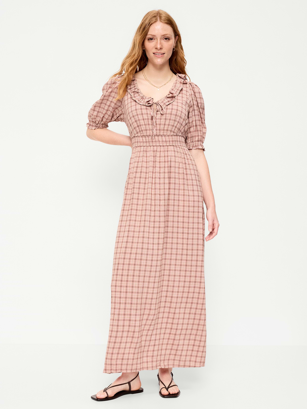 Ruffle-Collar Boho Maxi Dress - Pink Plaid