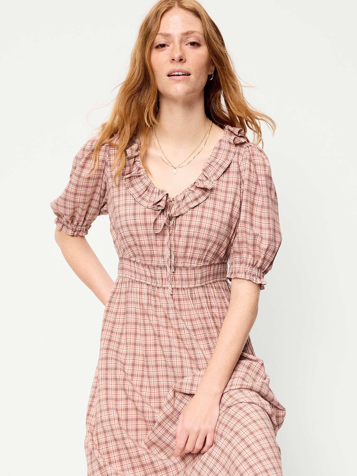Ruffle-Collar Boho Maxi Dress - Pink Plaid