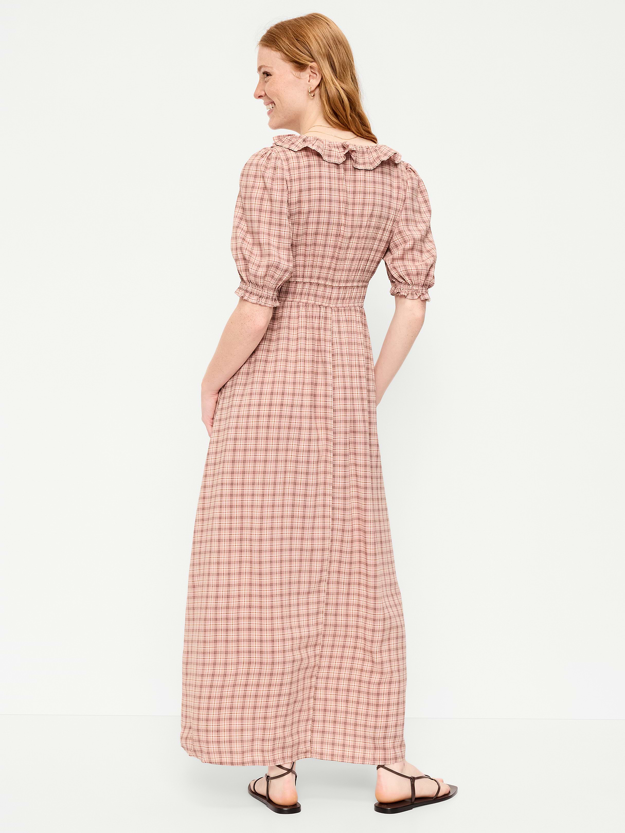 Ruffle-Collar Boho Maxi Dress - Pink Plaid