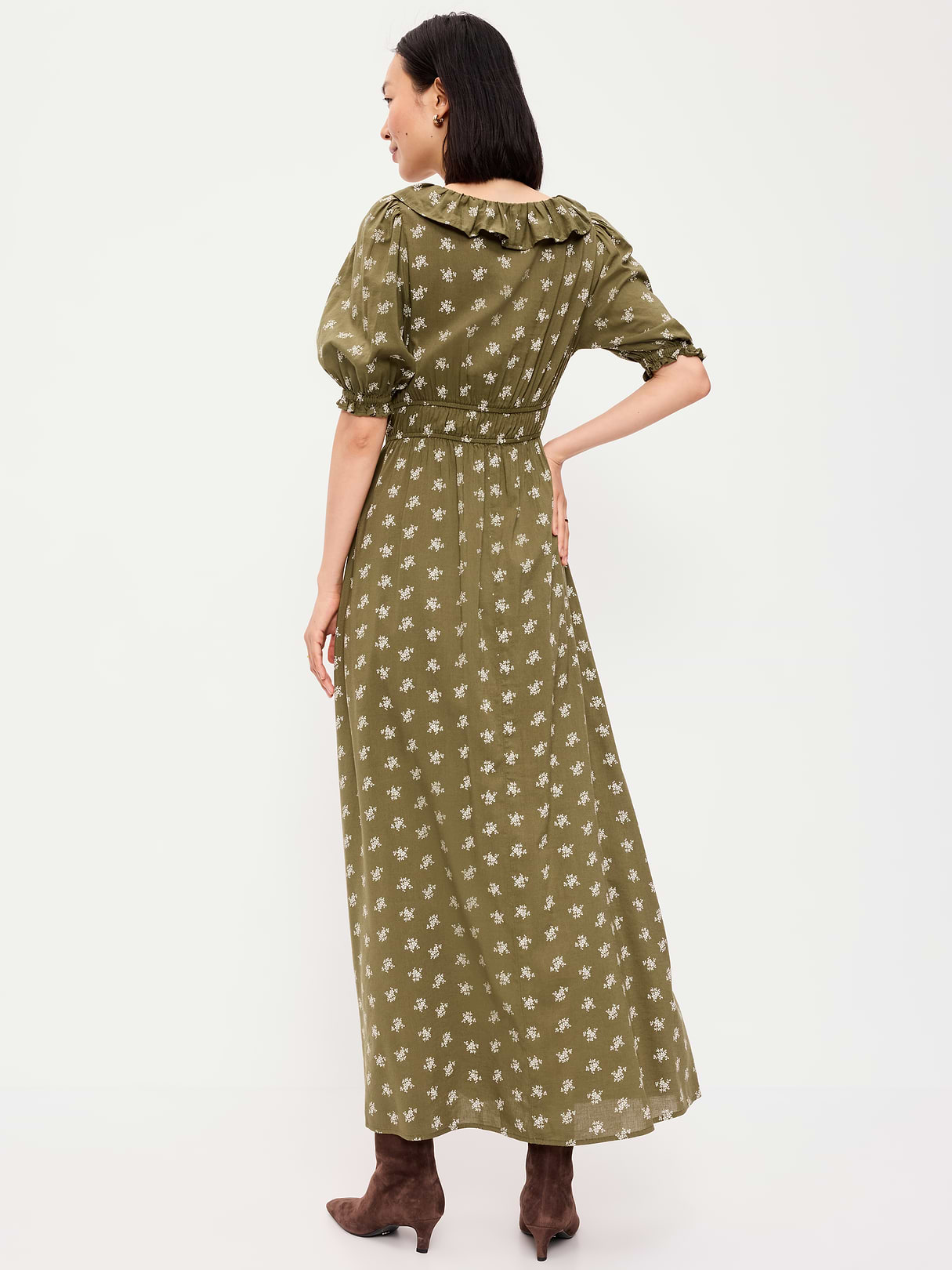 Ruffle-Collar Boho Maxi Dress - Green Floral