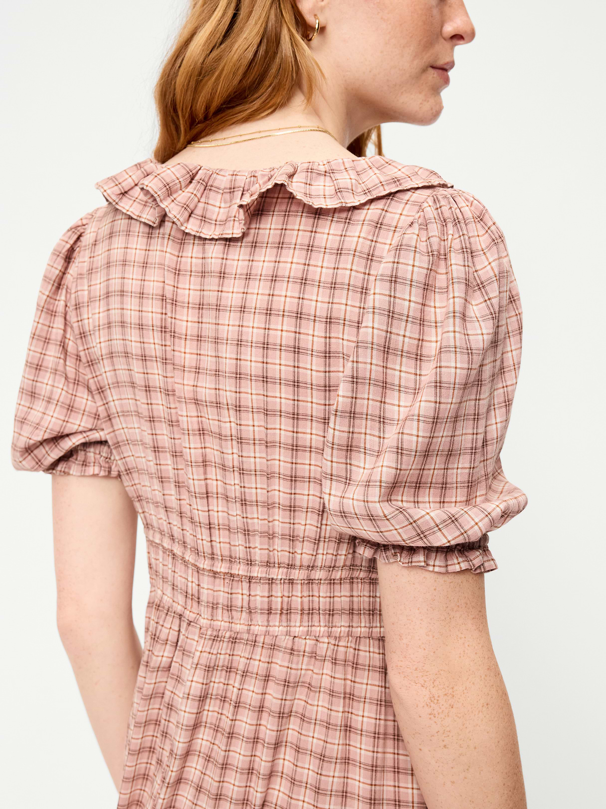 Ruffle-Collar Boho Maxi Dress - Pink Plaid