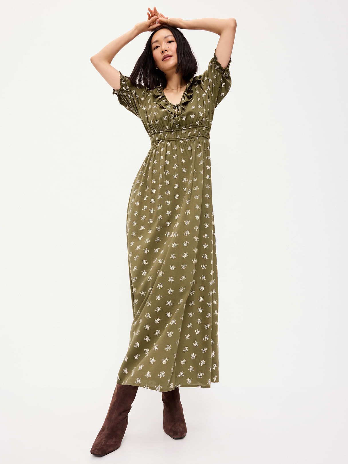 Ruffle-Collar Boho Maxi Dress - Green Floral
