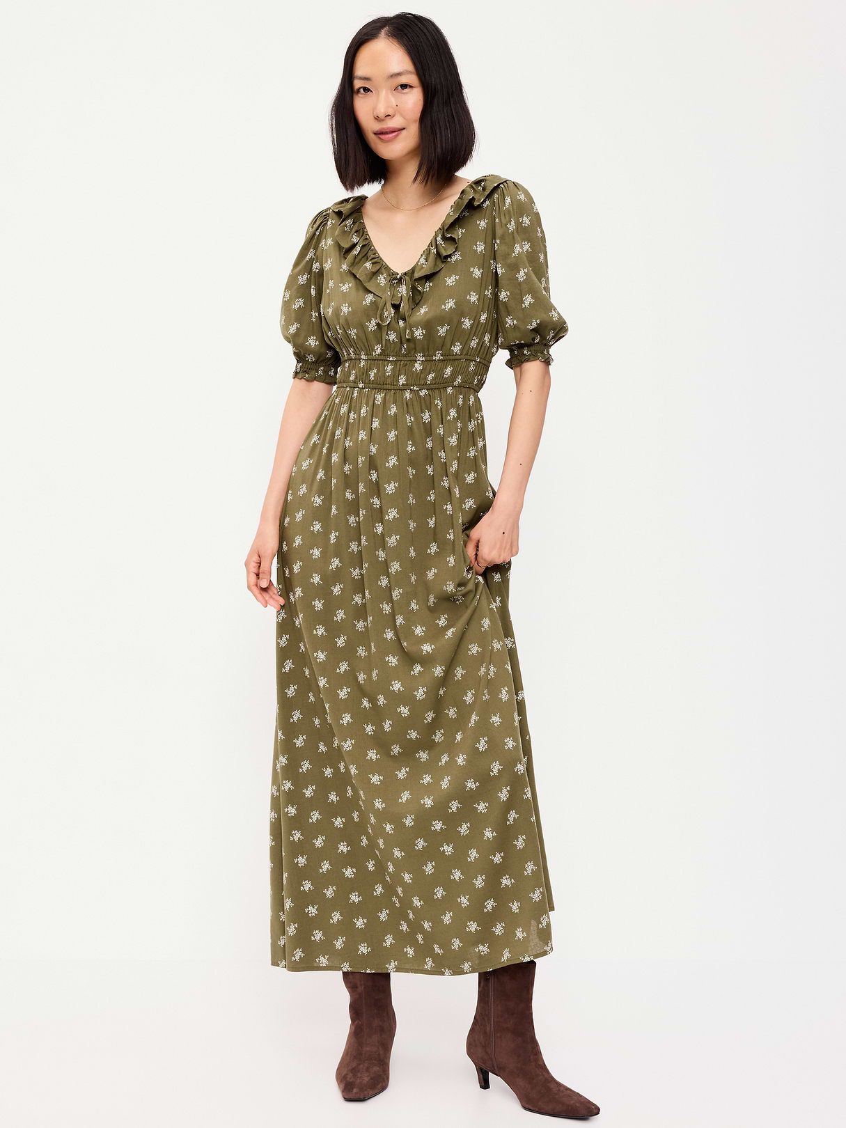 Ruffle-Collar Boho Maxi Dress - Green Floral