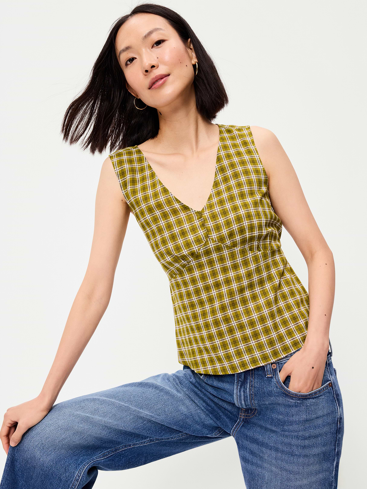 Sleeveless V-Neck Tie-Back Top - Green Plaid
