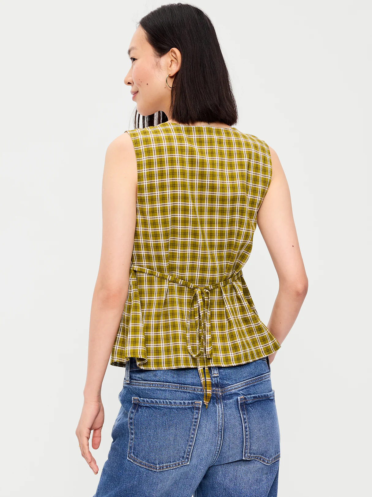 Sleeveless V-Neck Tie-Back Top - Green Plaid