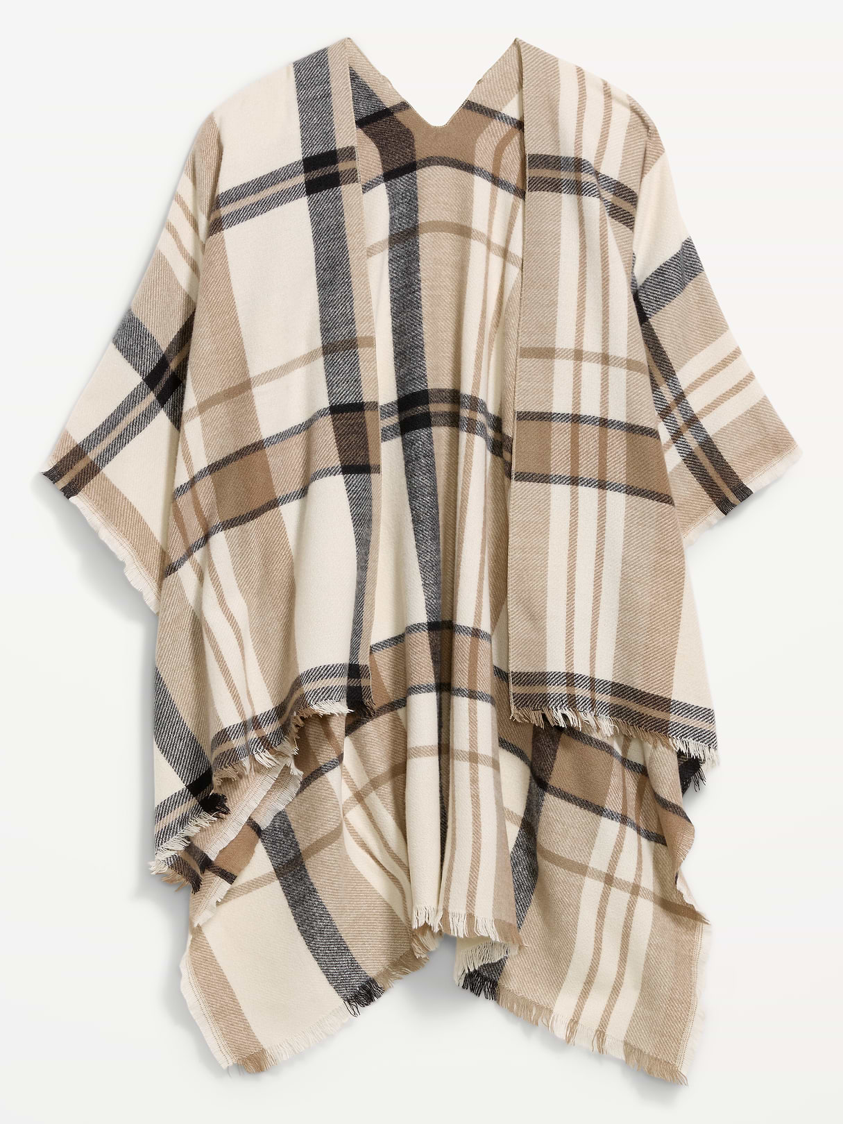 Flannel Fringe Poncho - Black Plaid