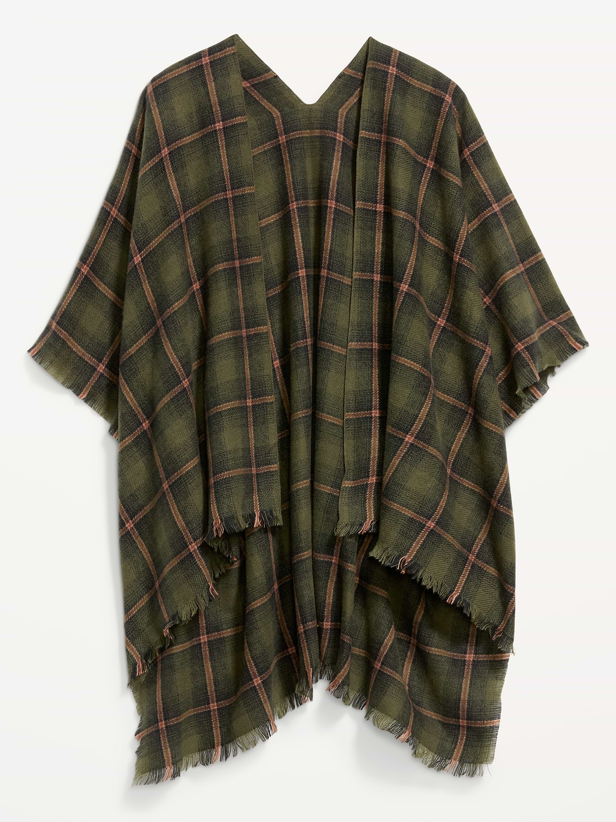 Flannel Fringe Poncho - Green Plaid