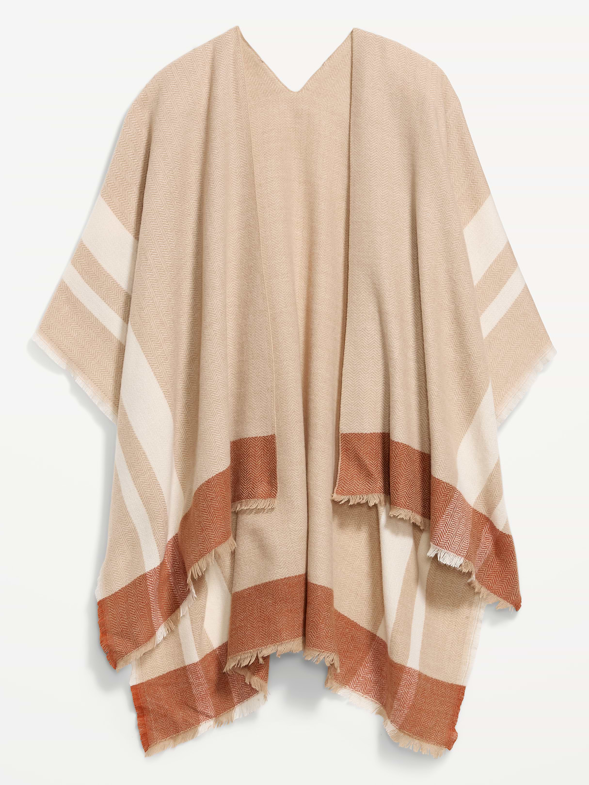 Flannel Fringe Poncho - Herringbone