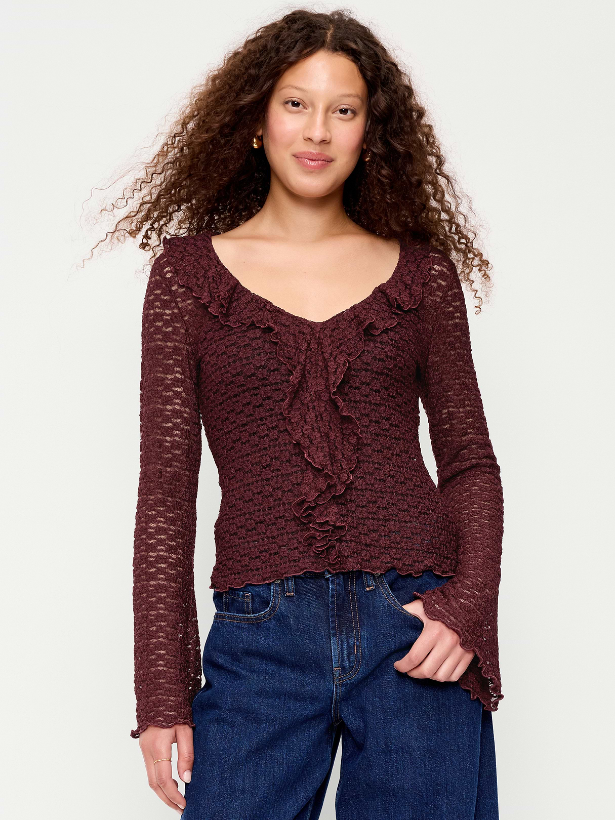 Fitted Bell-Sleeve Ruffle Top - Reddy Or Not