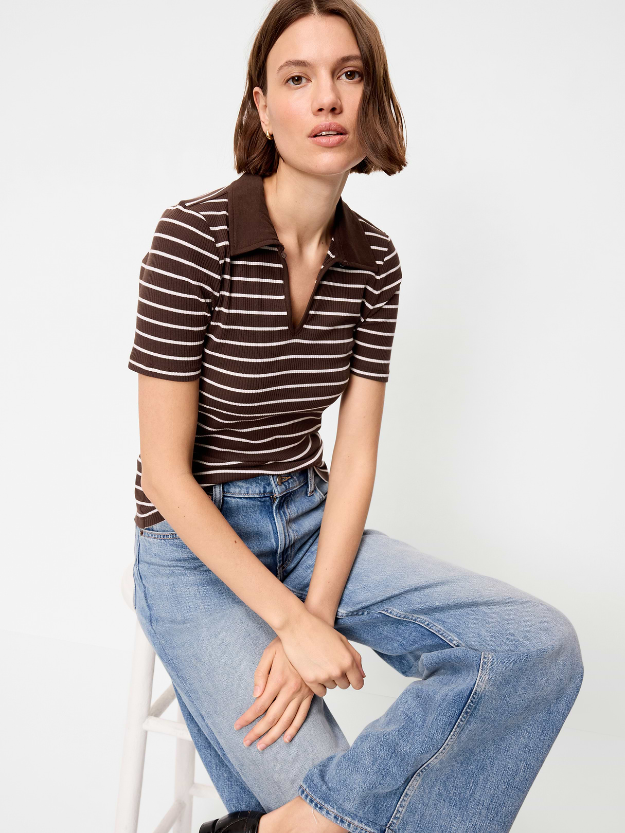 Keyhole Polo Top - Earth Brown Stripe