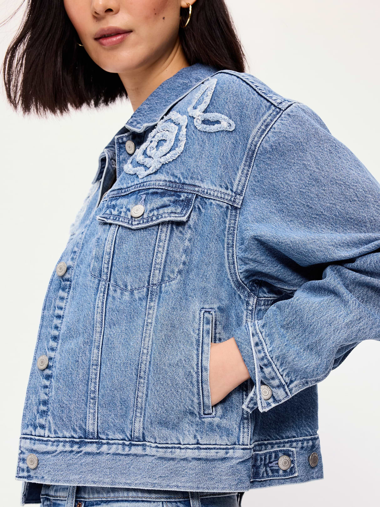 Embroidered Cropped Denim Jacket - Medium Indigo