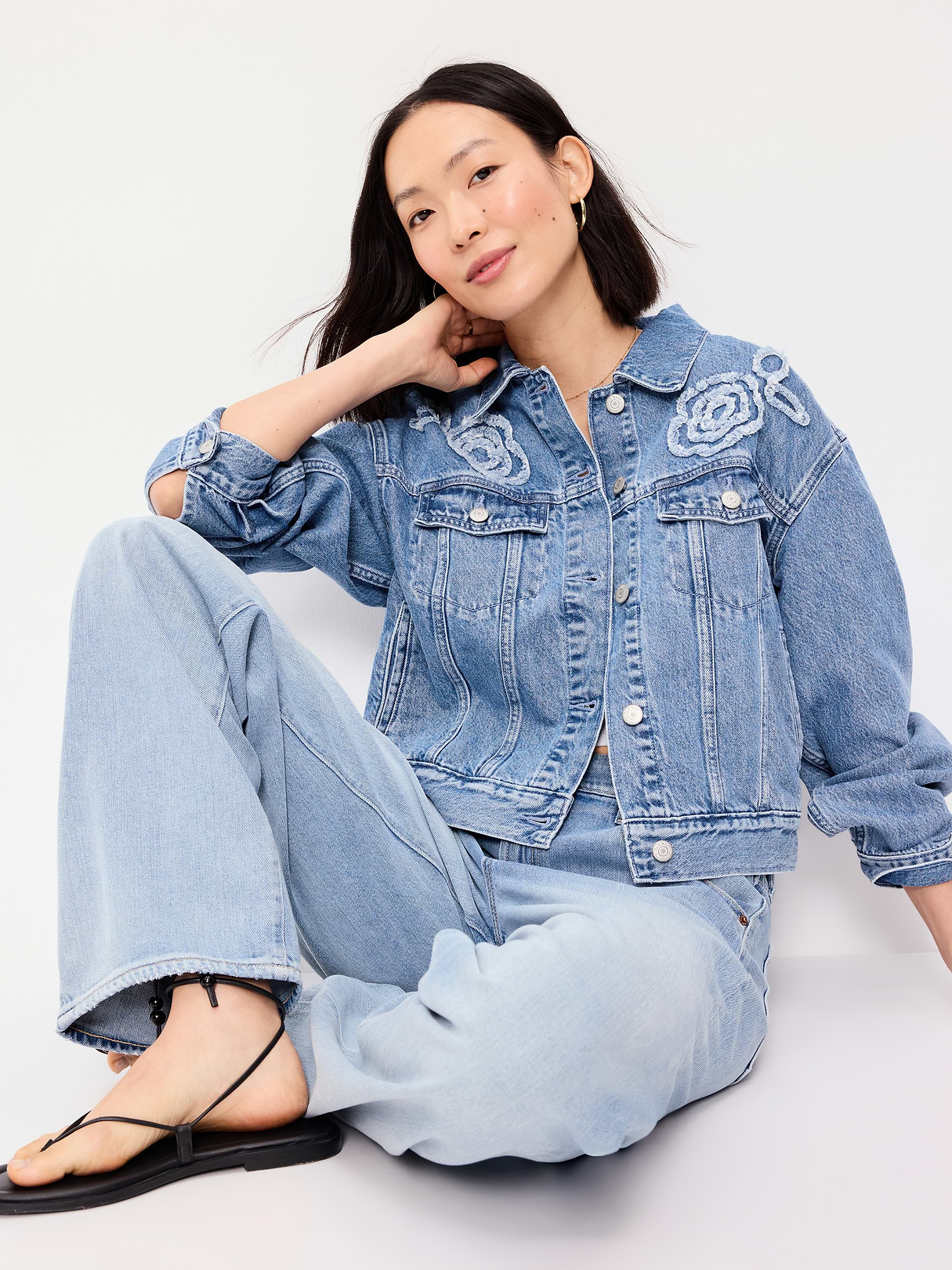 Embroidered Cropped Denim Jacket - Medium Indigo
