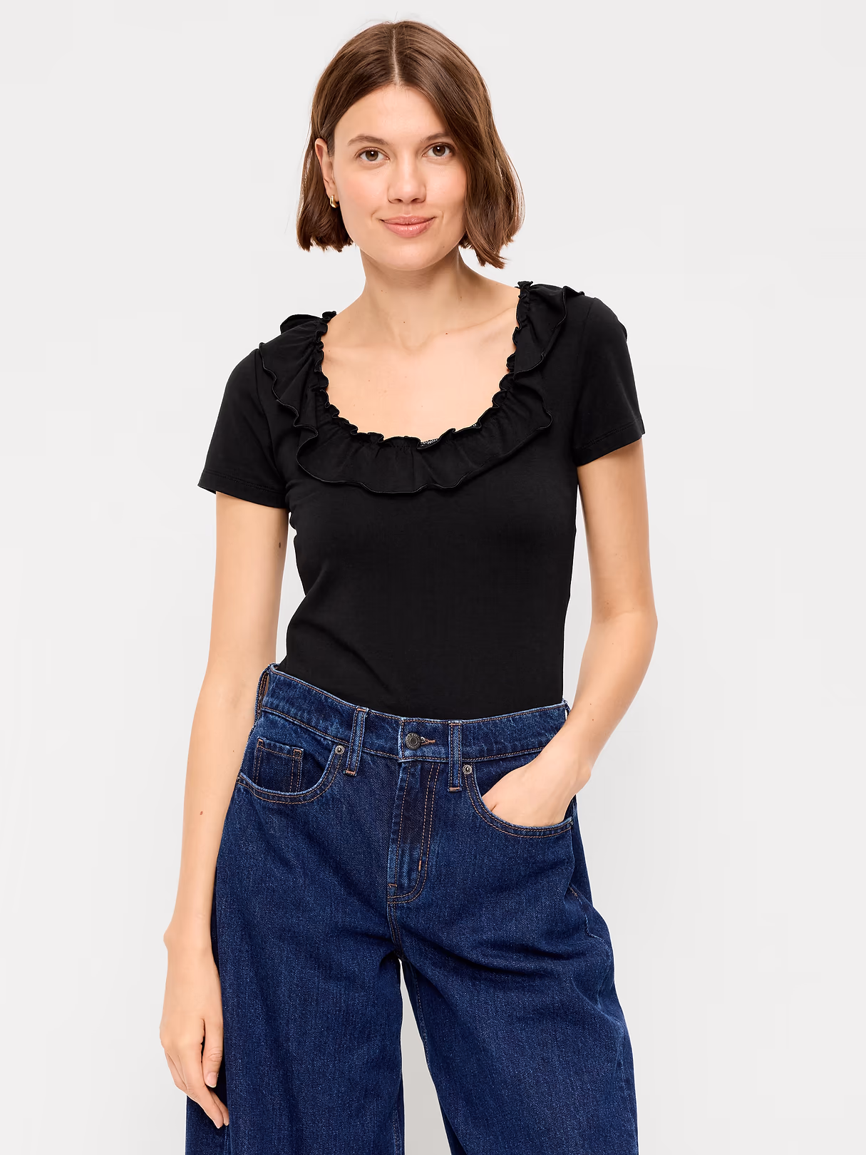 Lettuce-Edge Scoop-Neck Top - Black Jack