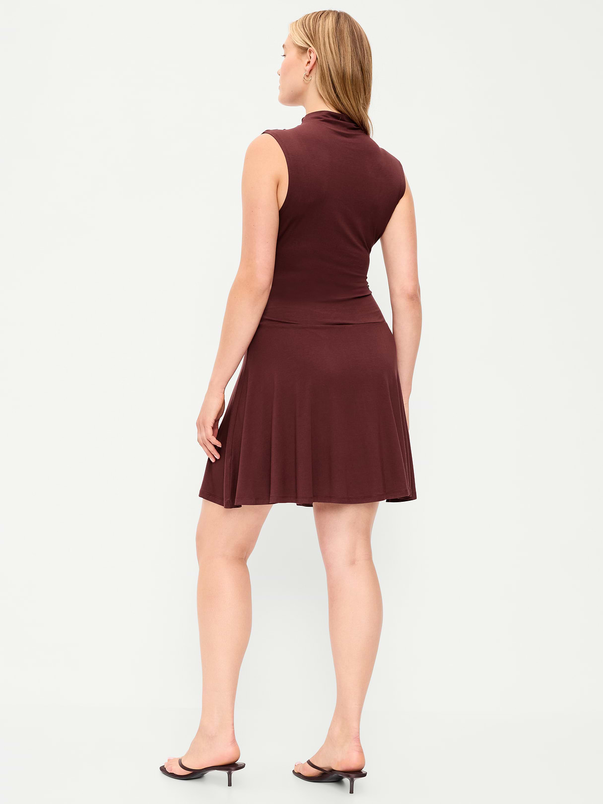 Gathered Mock-Neck Drop-Waist Mini Dress - Red Lacquer