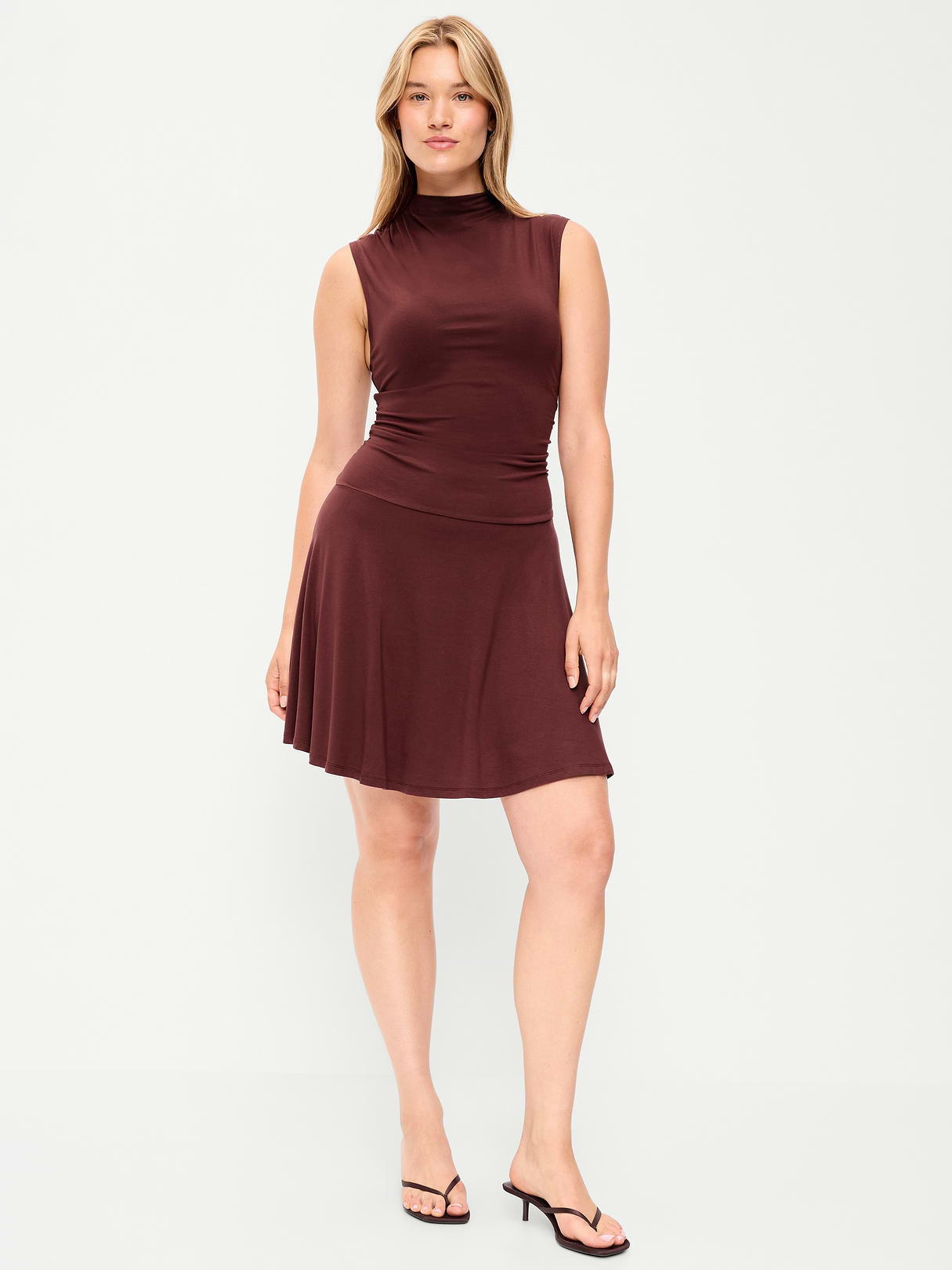 Gathered Mock-Neck Drop-Waist Mini Dress - Red Lacquer