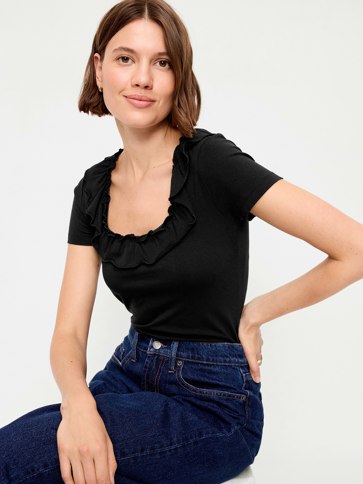 Lettuce-Edge Scoop-Neck Top - Black Jack
