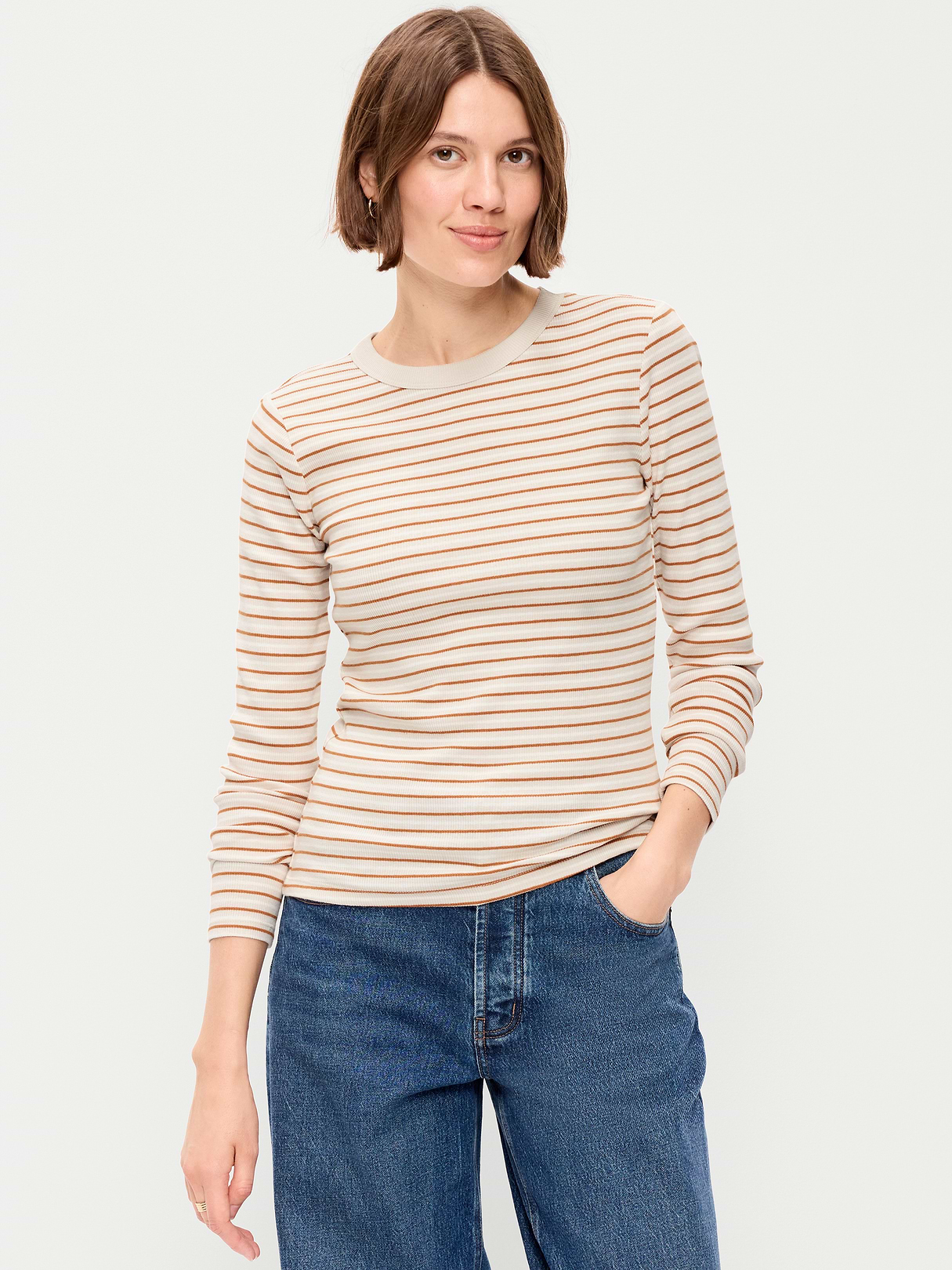 Snug Long-Sleeve Striped Ribbed T-Shirt - Orange Multi Stripe