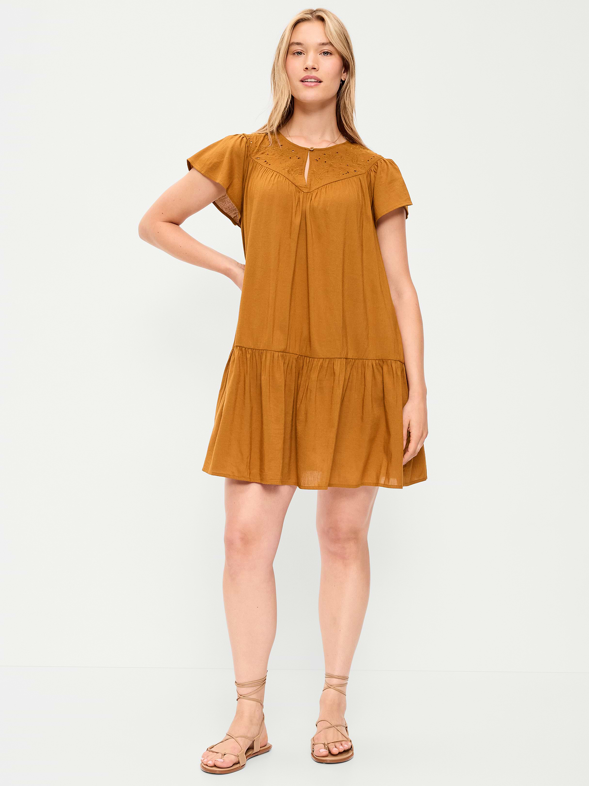 Flutter-Sleeve Mini Swing Dress - Redwood Burl