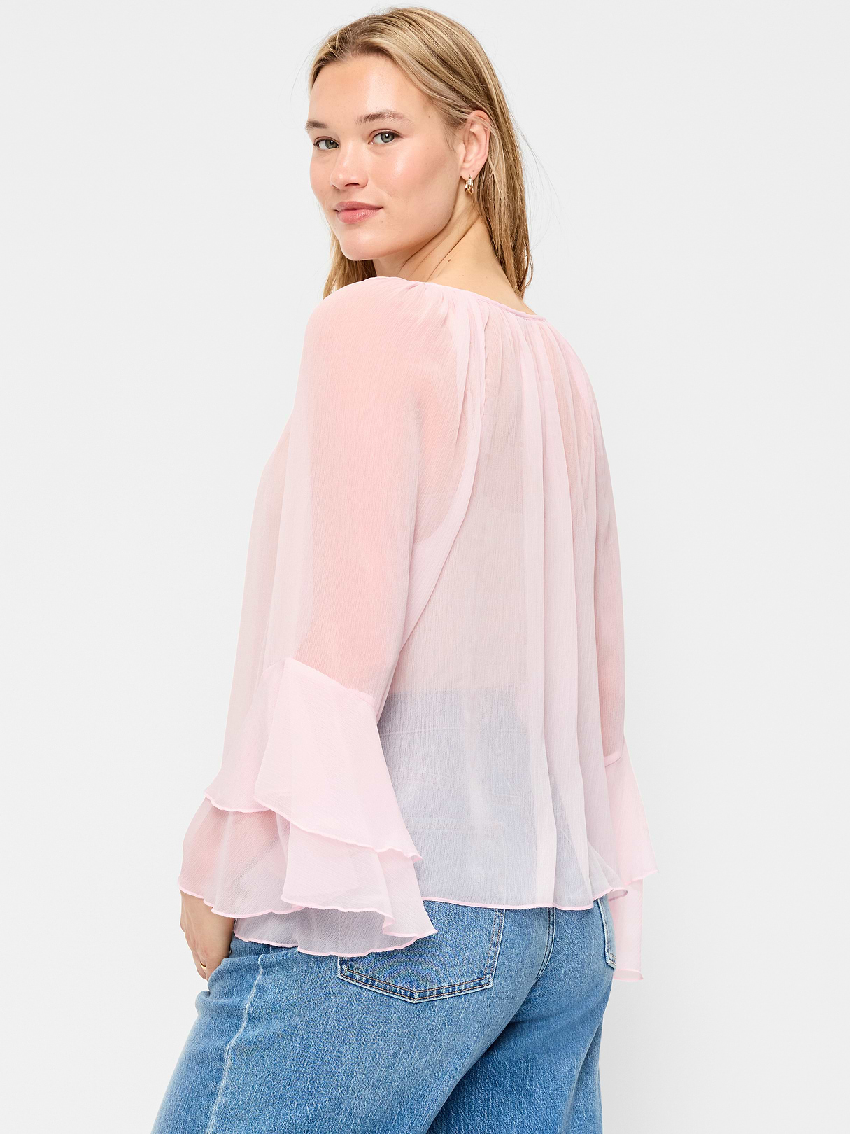 Sheer Chiffon Bell-Sleeve Top - Blush On You
