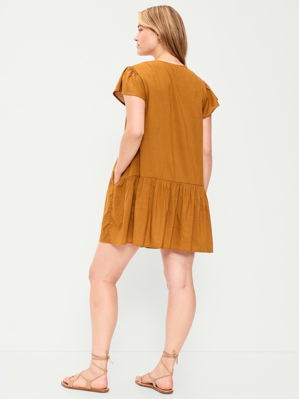 Flutter-Sleeve Mini Swing Dress - Redwood Burl