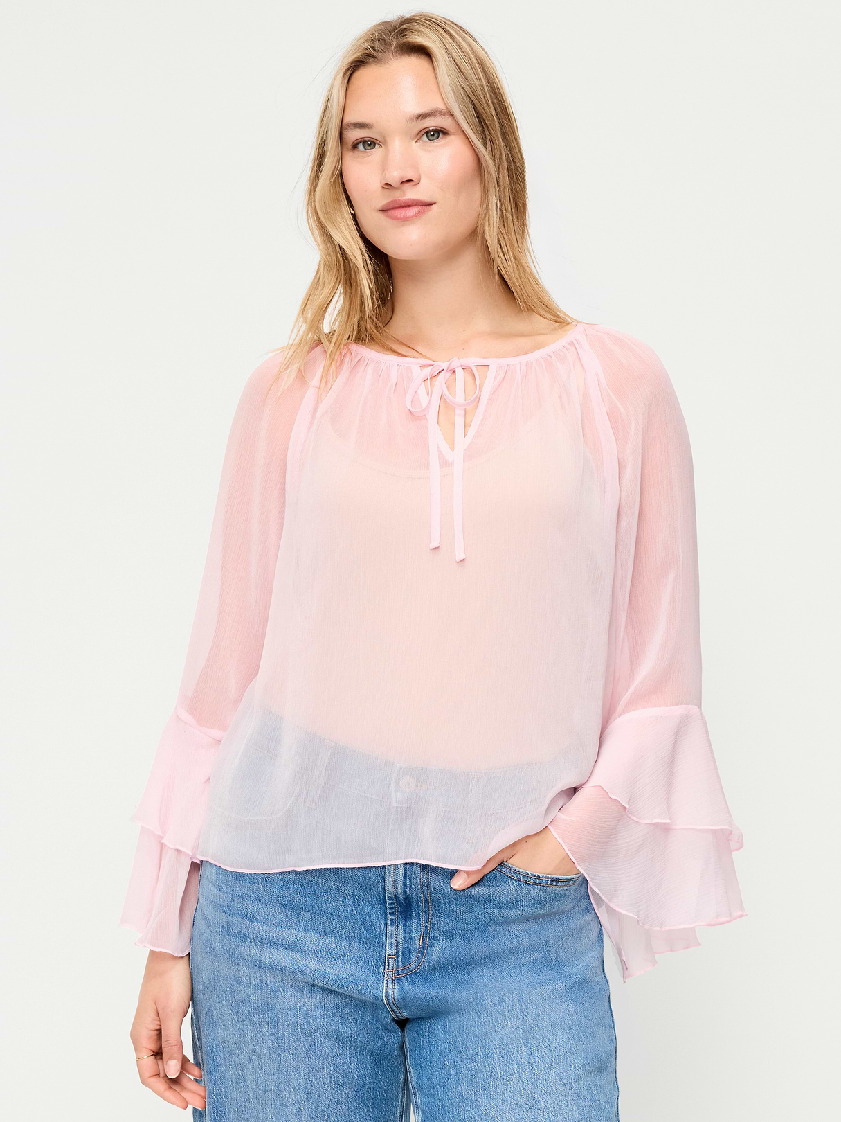 Sheer Chiffon Bell-Sleeve Top - Blush On You