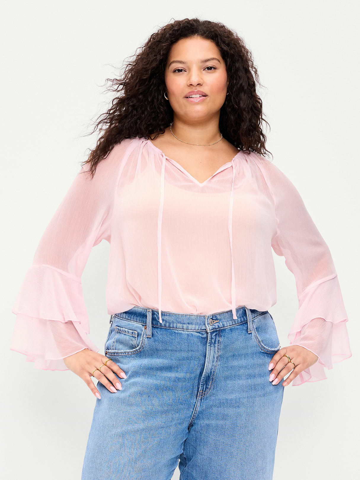 Sheer Chiffon Bell-Sleeve Top - Blush On You