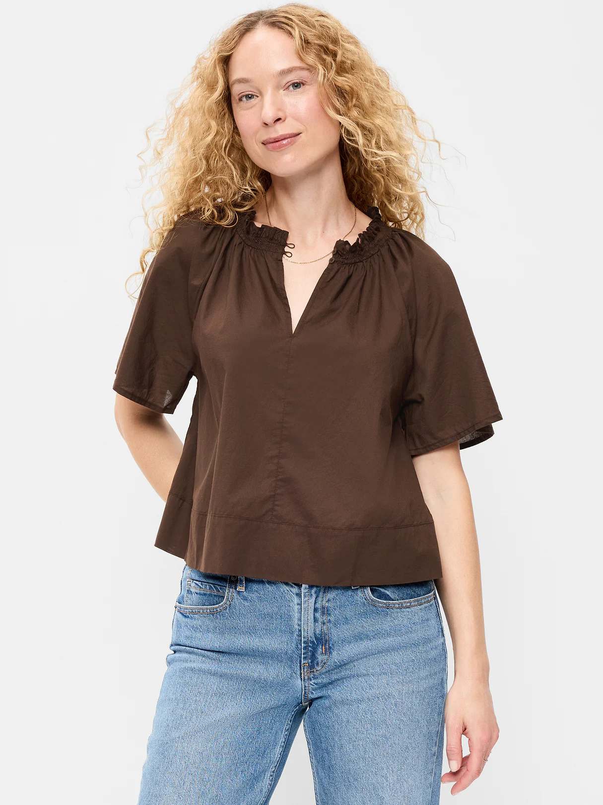 Loose Short-Sleeve Striped Top - Brown