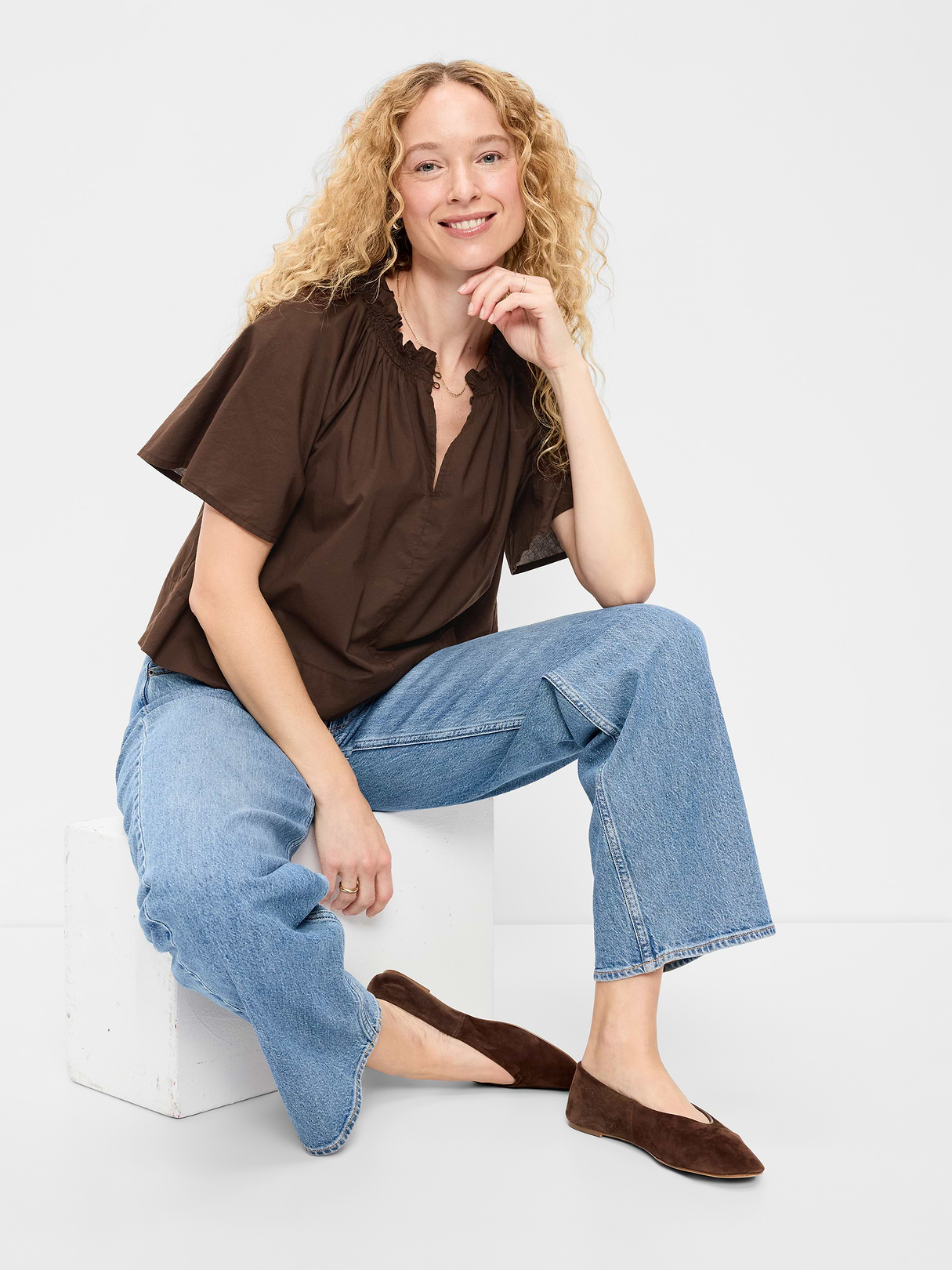 Loose Short-Sleeve Striped Top - Brown