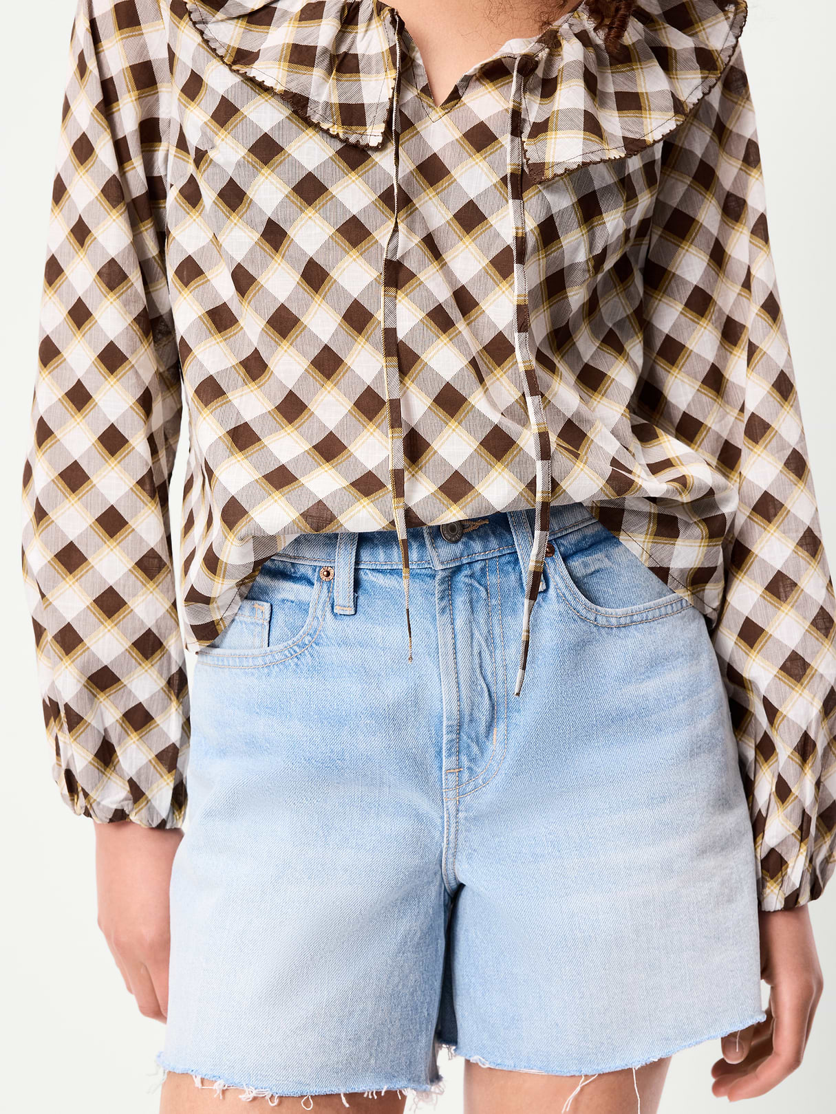 Long-Sleeve Ruffle Tie-Neck Top - Brown Plaid