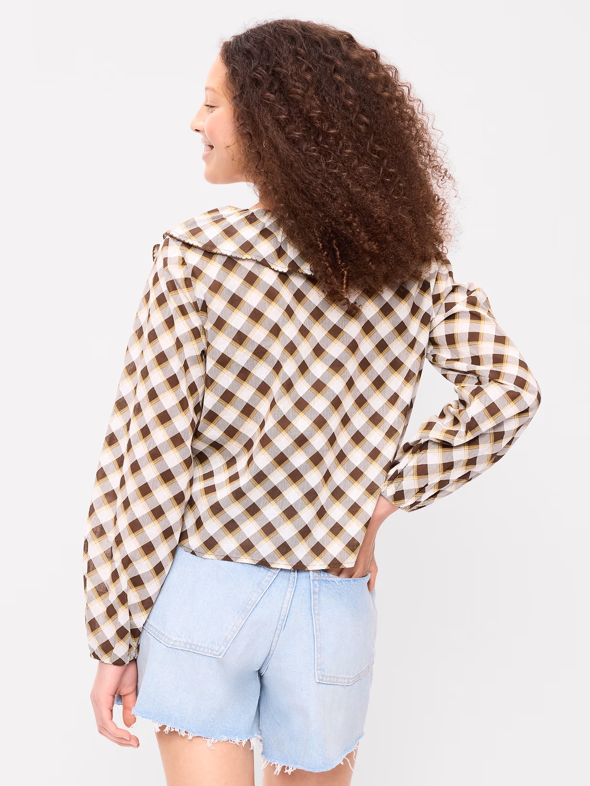 Long-Sleeve Ruffle Tie-Neck Top - Brown Plaid