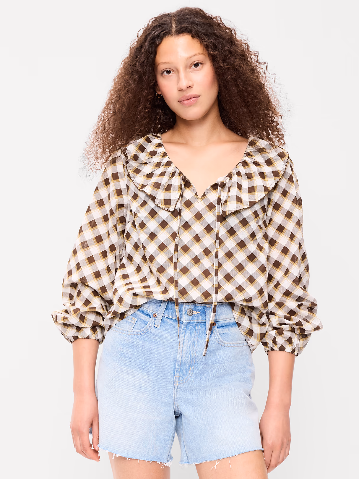 Long-Sleeve Ruffle Tie-Neck Top - Brown Plaid