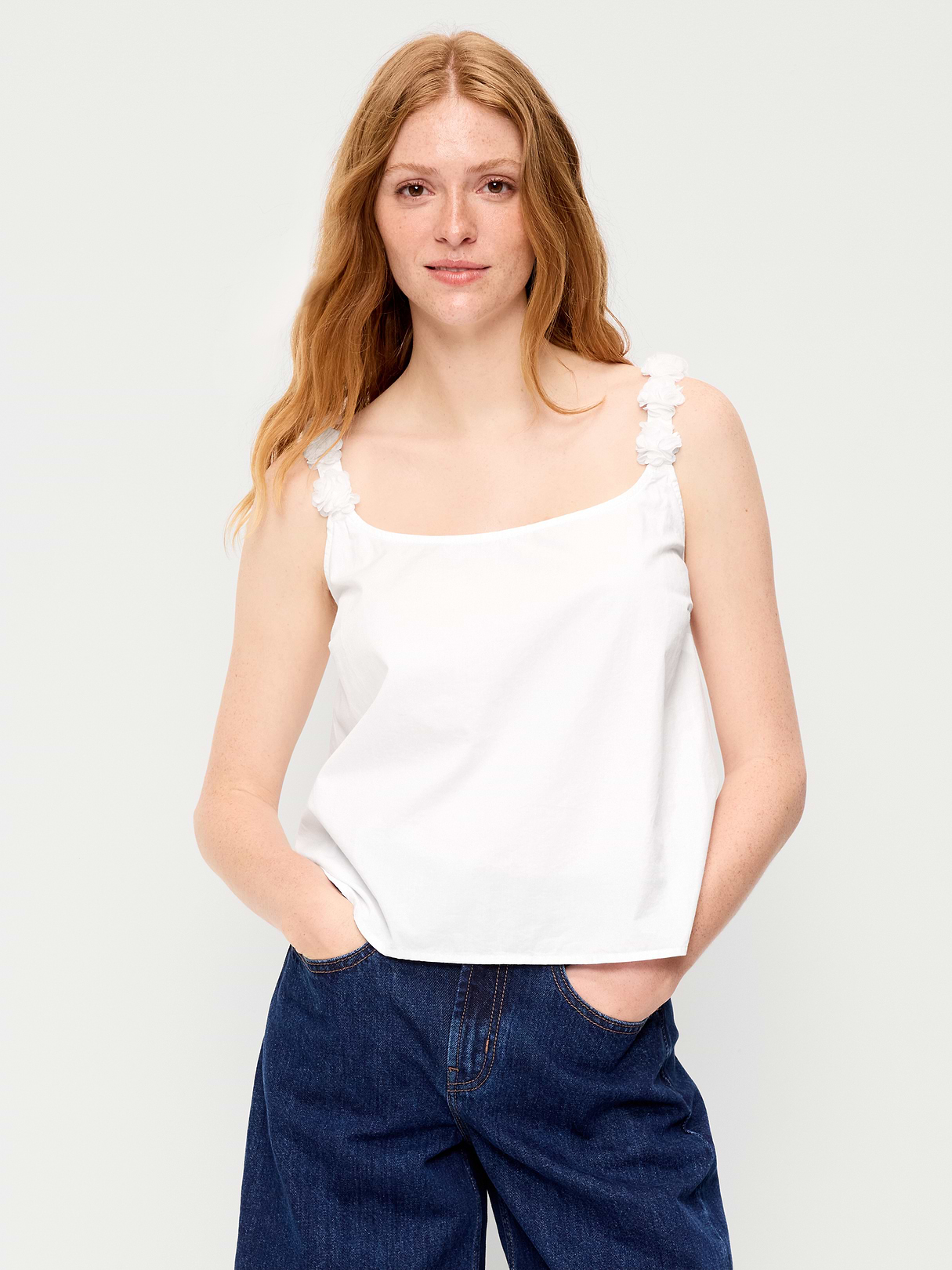 Rosette-Strap Tank Top - White Lilies