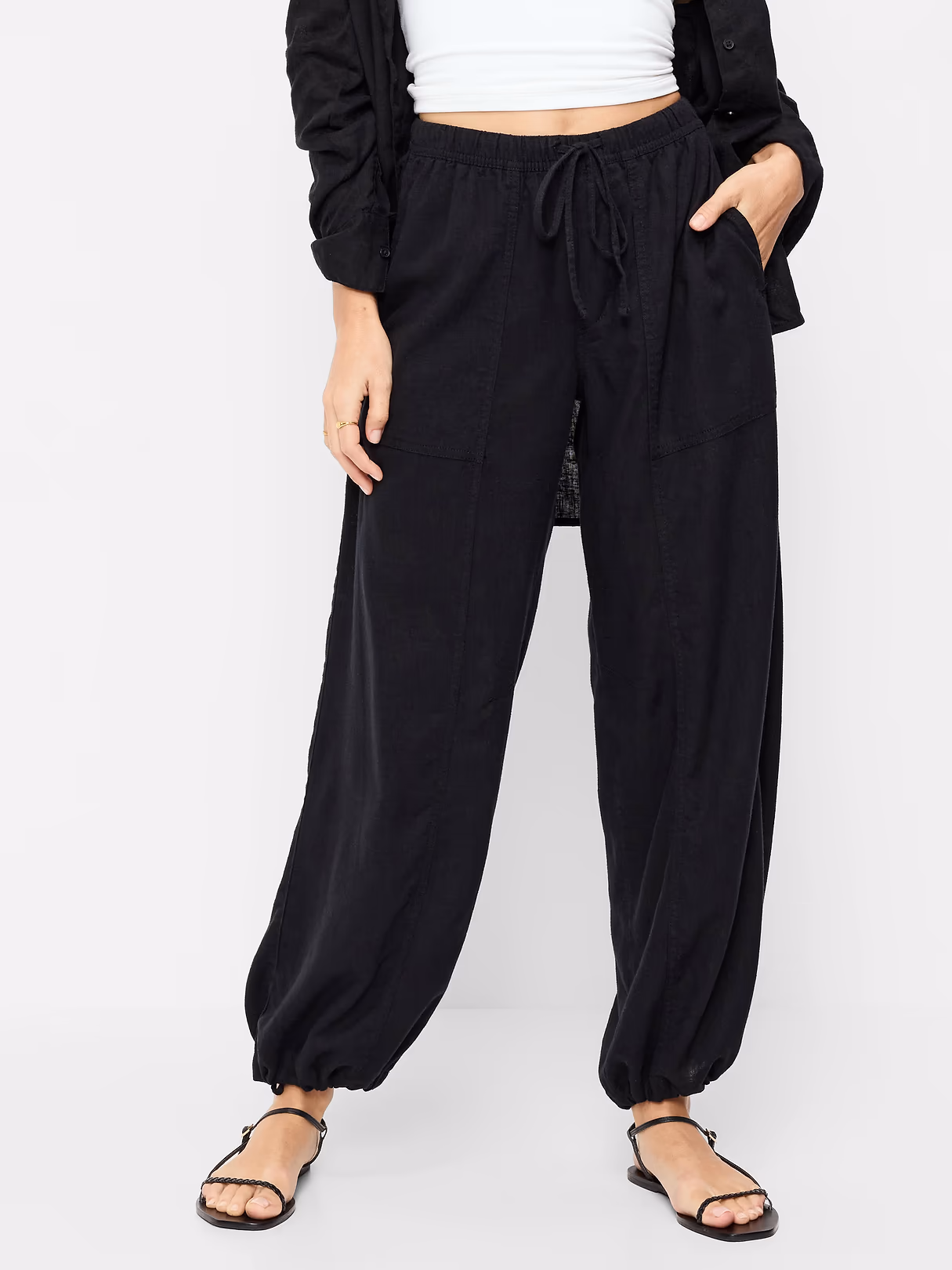 Mid-Rise Linen-Blend Cinched-Ankle Pants - Black Jack