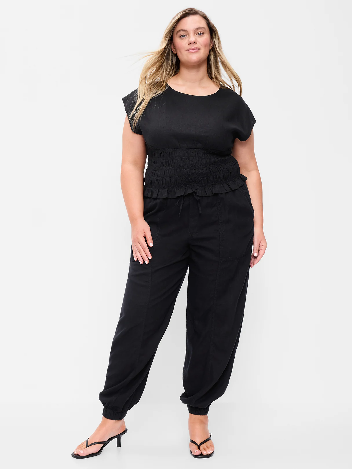 Mid-Rise Linen-Blend Cinched-Ankle Pants - Black Jack