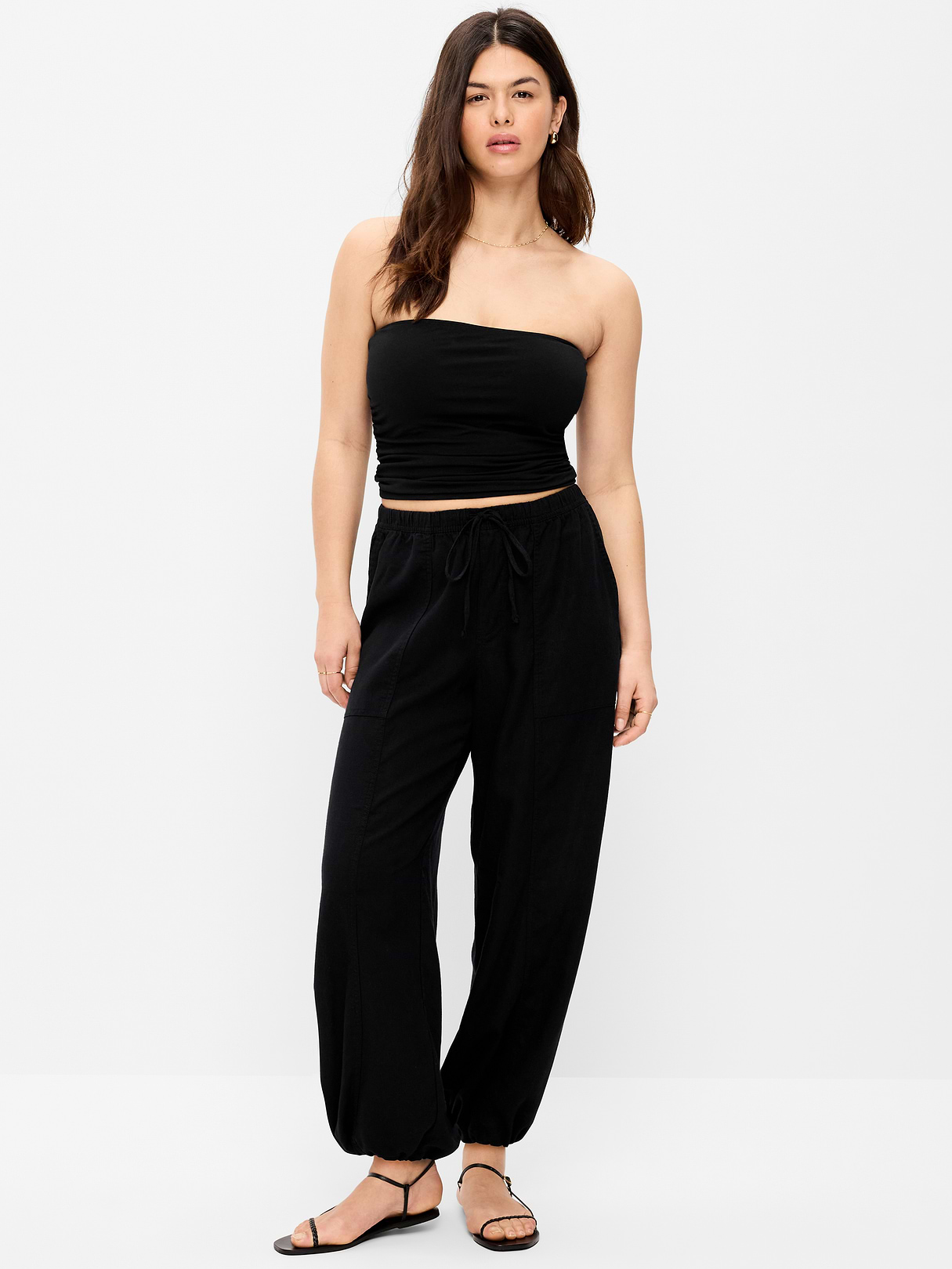Mid-Rise Linen-Blend Cinched-Ankle Pants - Black Jack