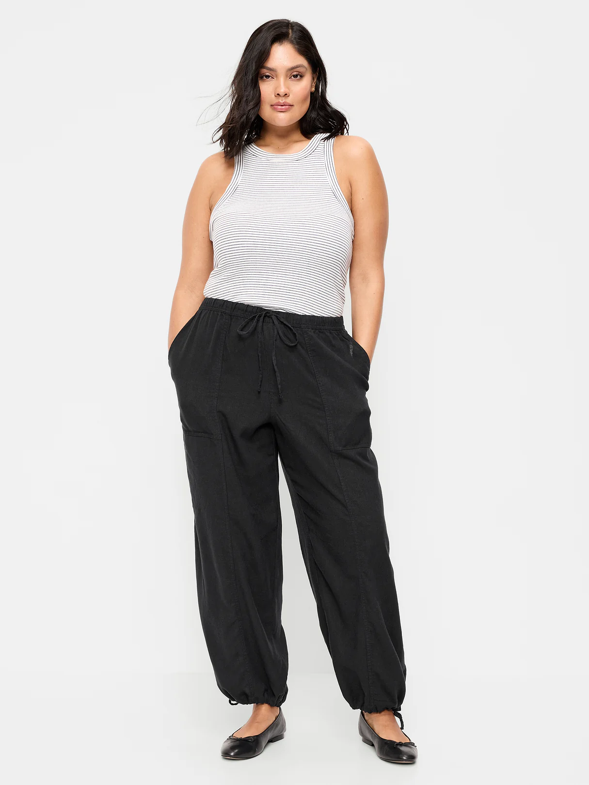 Mid-Rise Linen-Blend Cinched-Ankle Pants - Black Jack