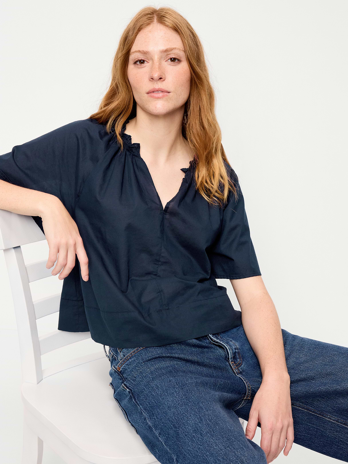 Loose Short-Sleeve Striped Top - In the Navy