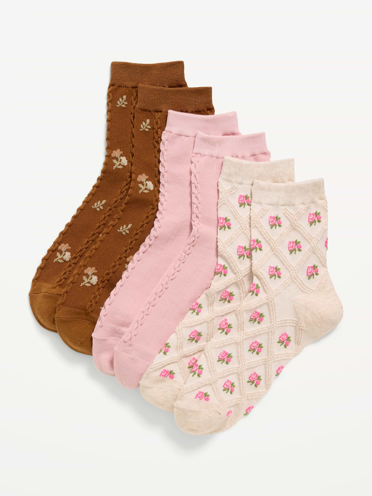 Textured Quarter Crew Socks 3-Pack for Women - Cream Ditsy Floral