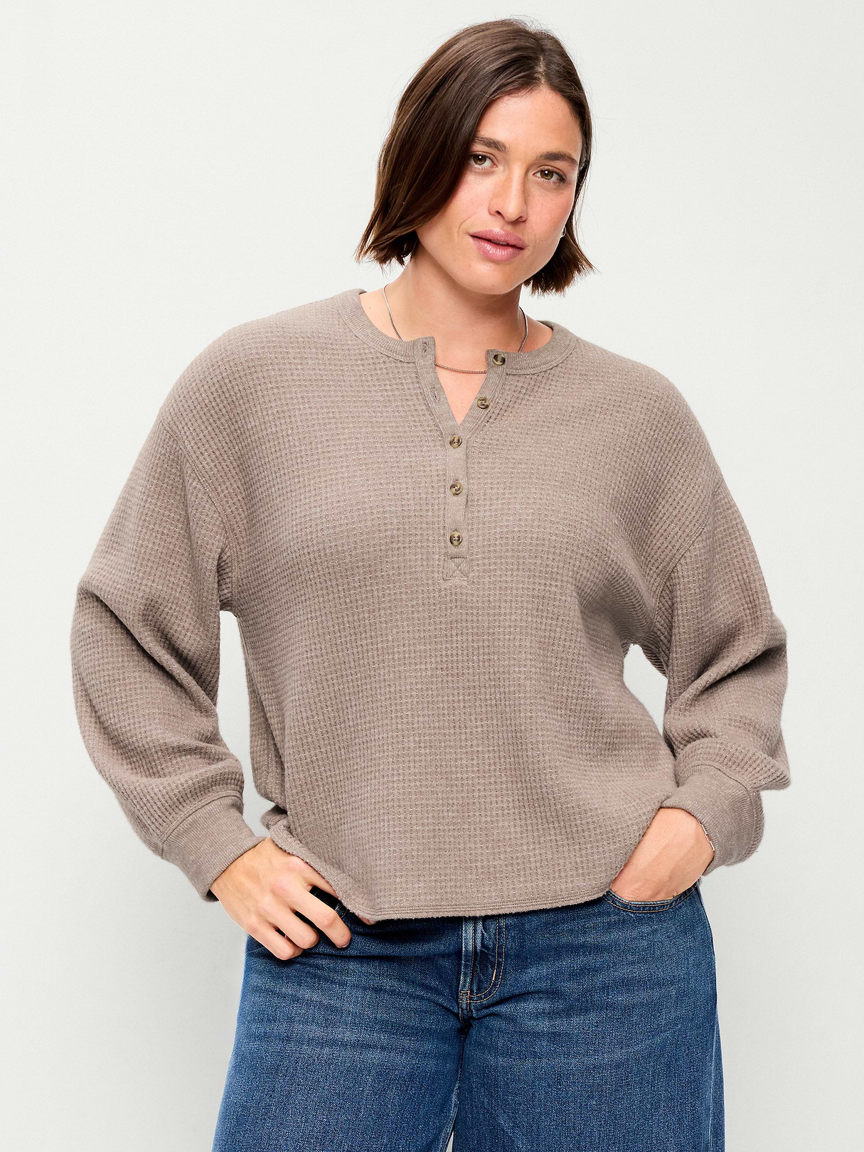 Long-Sleeve Crew-Neck Henley T-Shirt - Mushroom