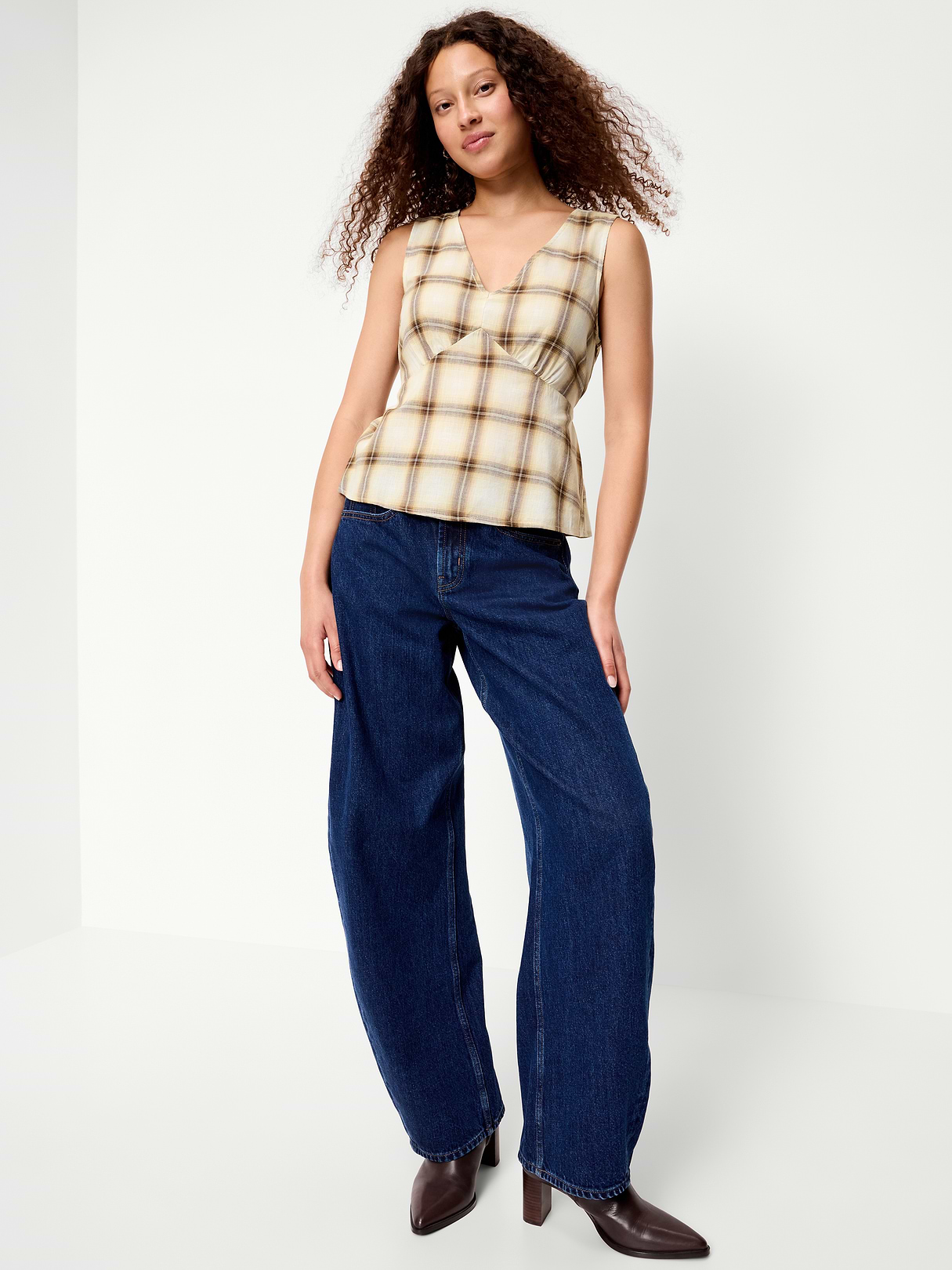 Sleeveless V-Neck Tie-Back Top - Brown Plaid