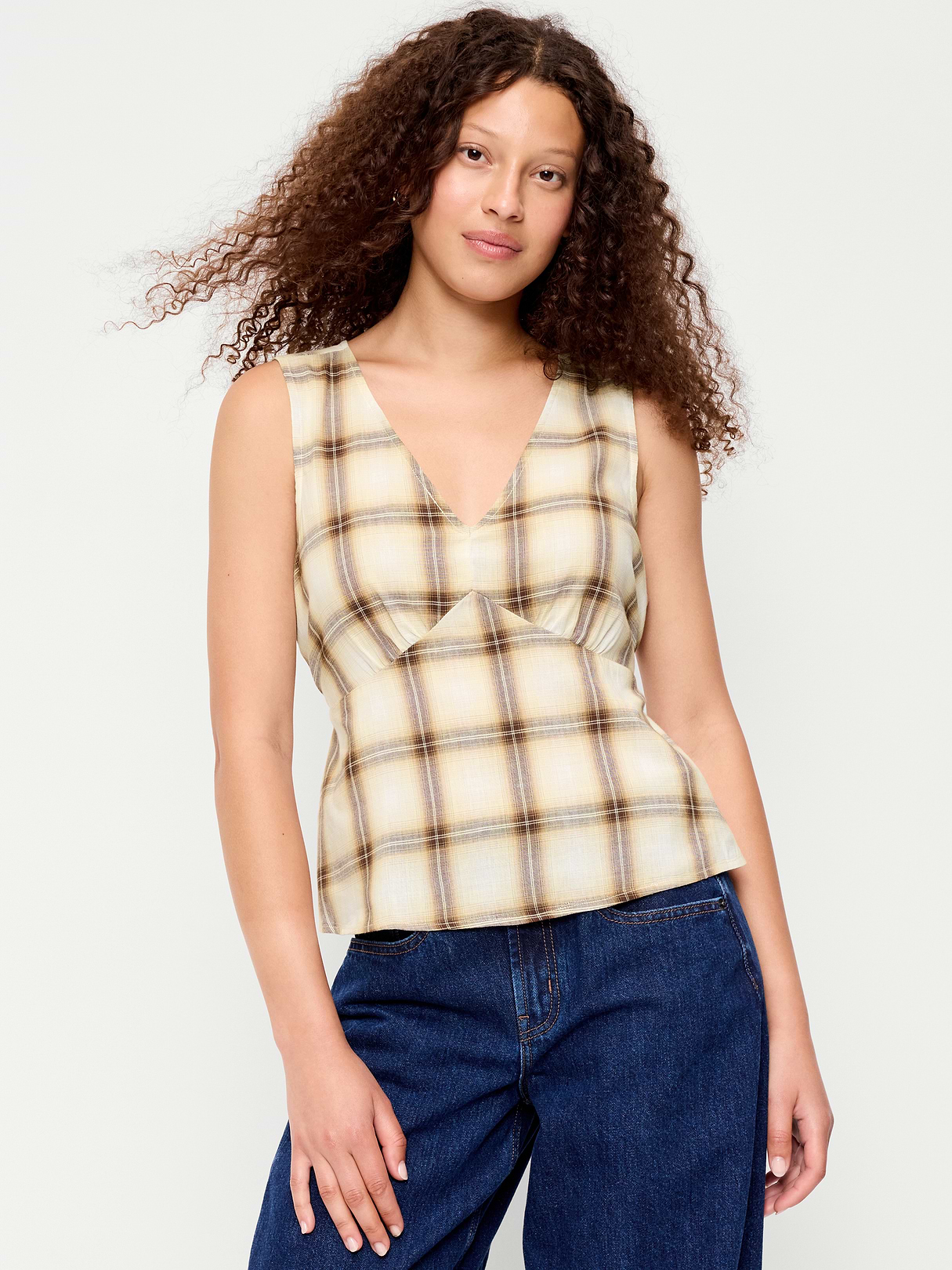 Sleeveless V-Neck Tie-Back Top - Brown Plaid