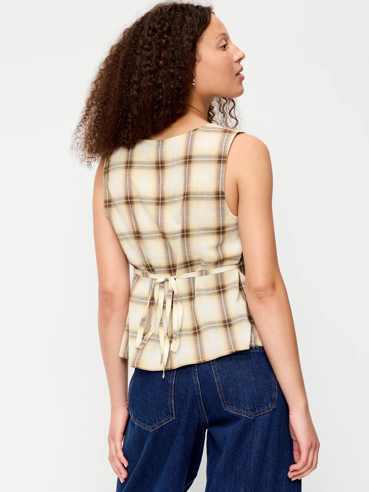 Sleeveless V-Neck Tie-Back Top - Brown Plaid