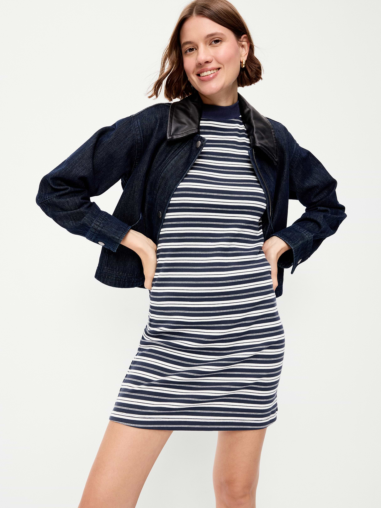 Snug Mock-Neck Bodycon Mini Dress - Navy Stripe