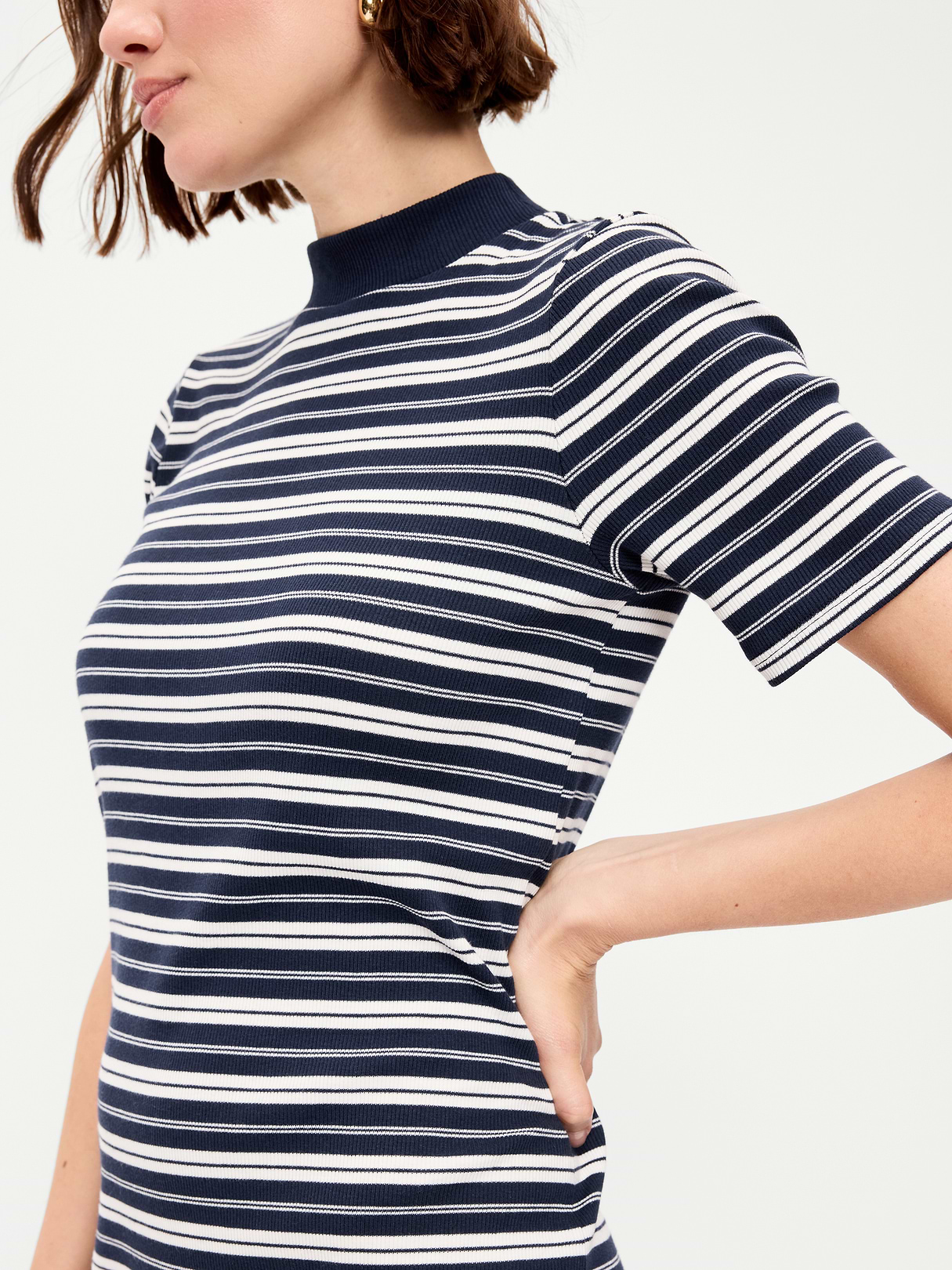 Snug Mock-Neck Bodycon Mini Dress - Navy Stripe