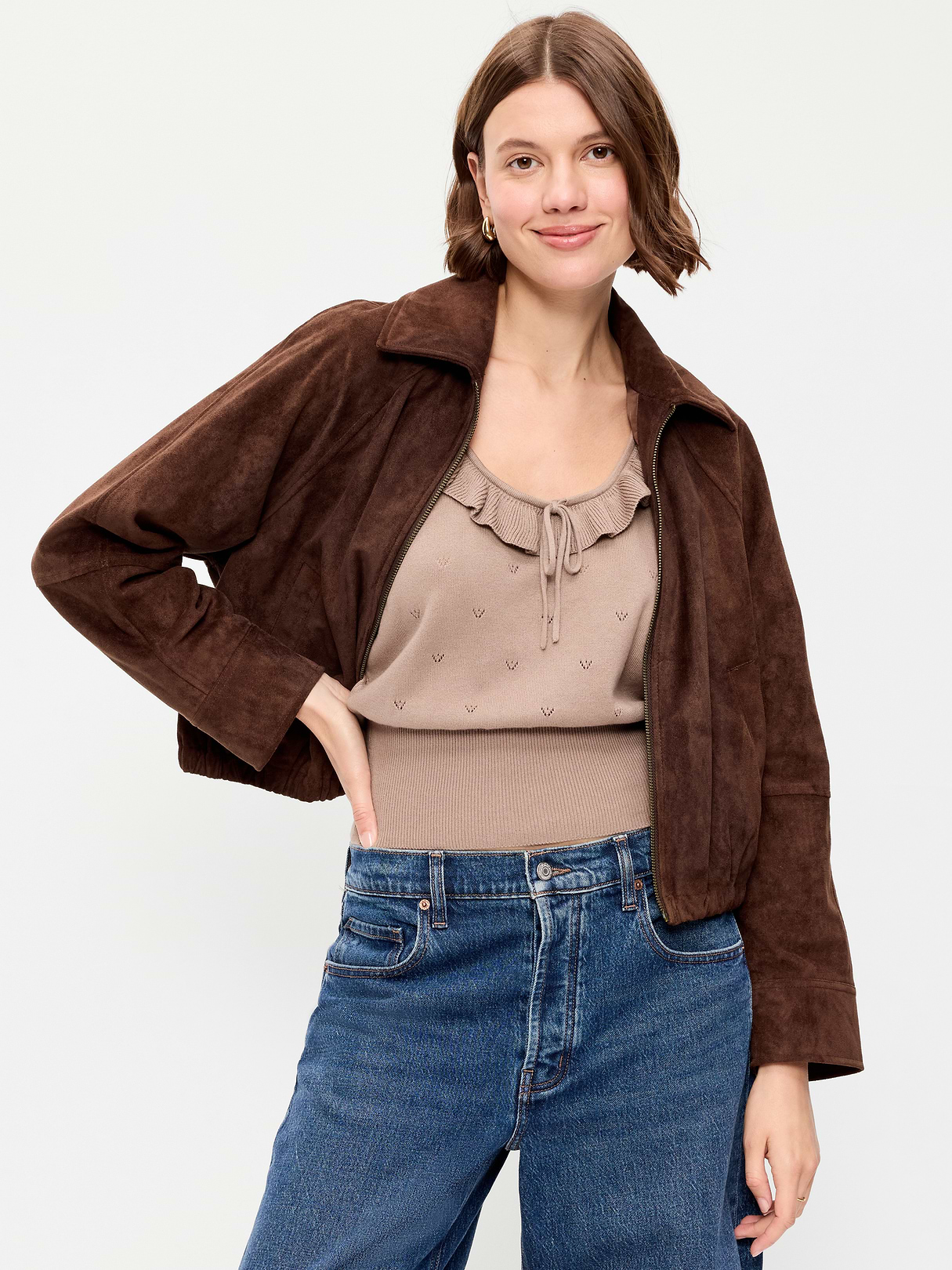 Full-Zip Faux-Suede Harrington Jacket - Dark Brown