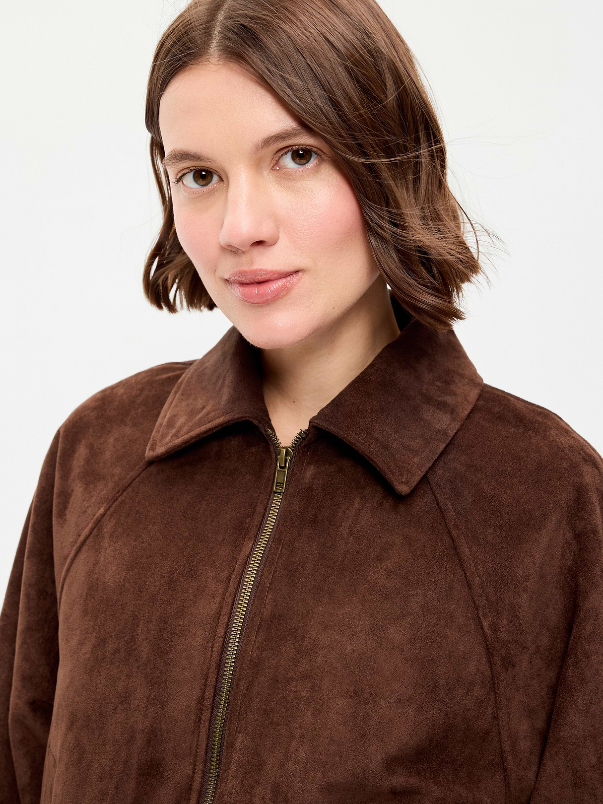 Full-Zip Faux-Suede Harrington Jacket - Dark Brown