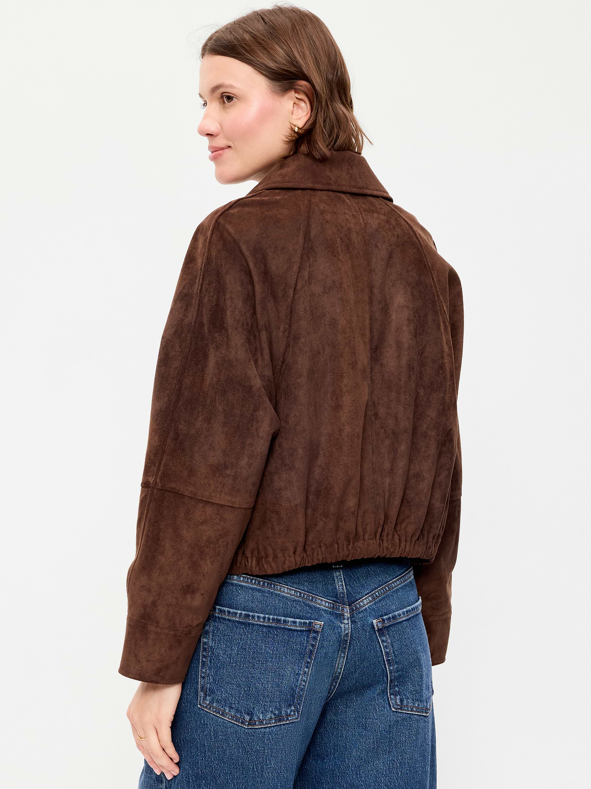 Full-Zip Faux-Suede Harrington Jacket - Dark Brown