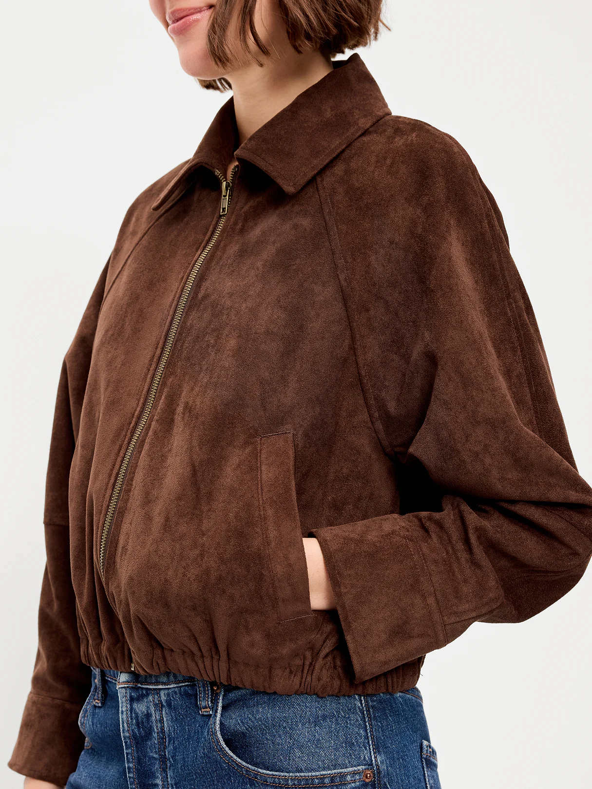 Full-Zip Faux-Suede Harrington Jacket - Dark Brown